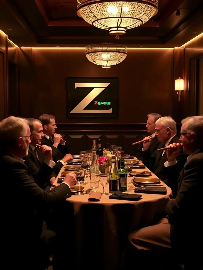 A photograph capturing a private cigar tasting event at Z Lounge, showcasing members enjoying premium cigars and spirits in an intimate setting. The image should convey exclusivity and sophistication.