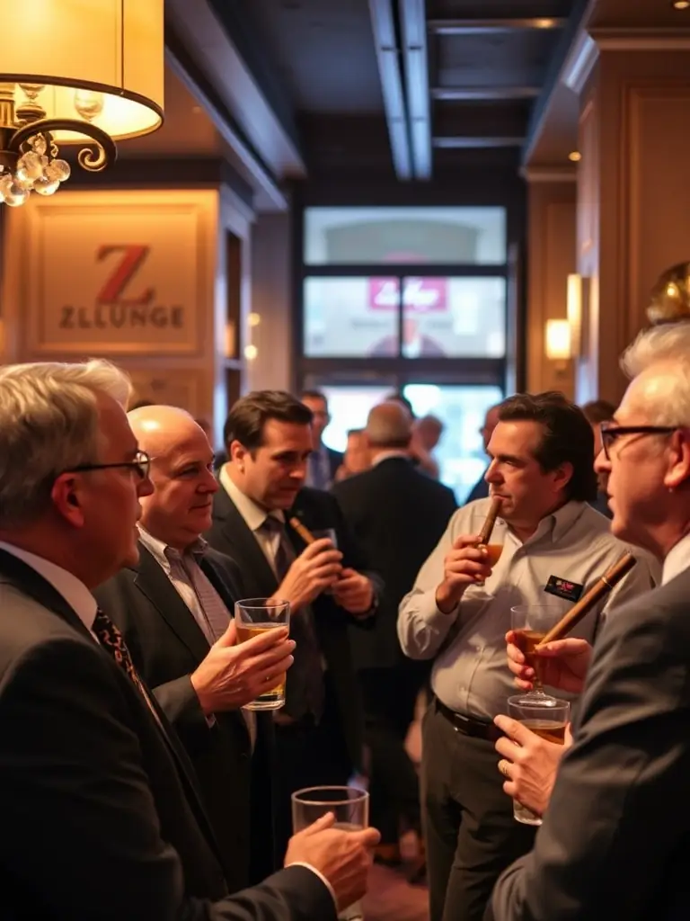 A photograph depicting a networking event at Z Lounge, showcasing members engaging in conversation and building connections in a relaxed and sophisticated atmosphere. The image should highlight the social aspect of membership.