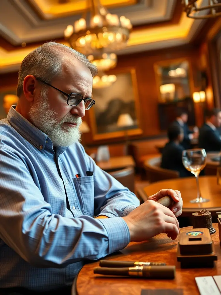 A photograph of a Z Lounge member participating in a cigar rolling demonstration, showcasing the educational opportunities available to members.