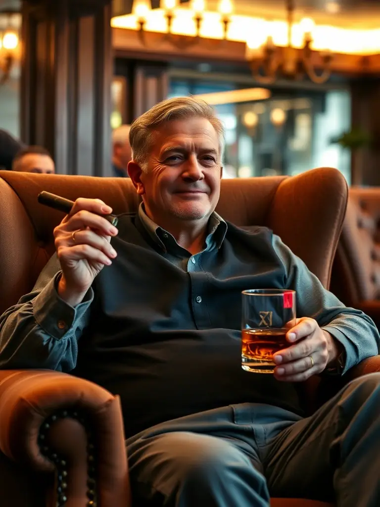 A high-quality photograph of a Z Lounge member enjoying a cigar and a glass of bourbon in a comfortable lounge setting, showcasing the relaxed and upscale atmosphere.
