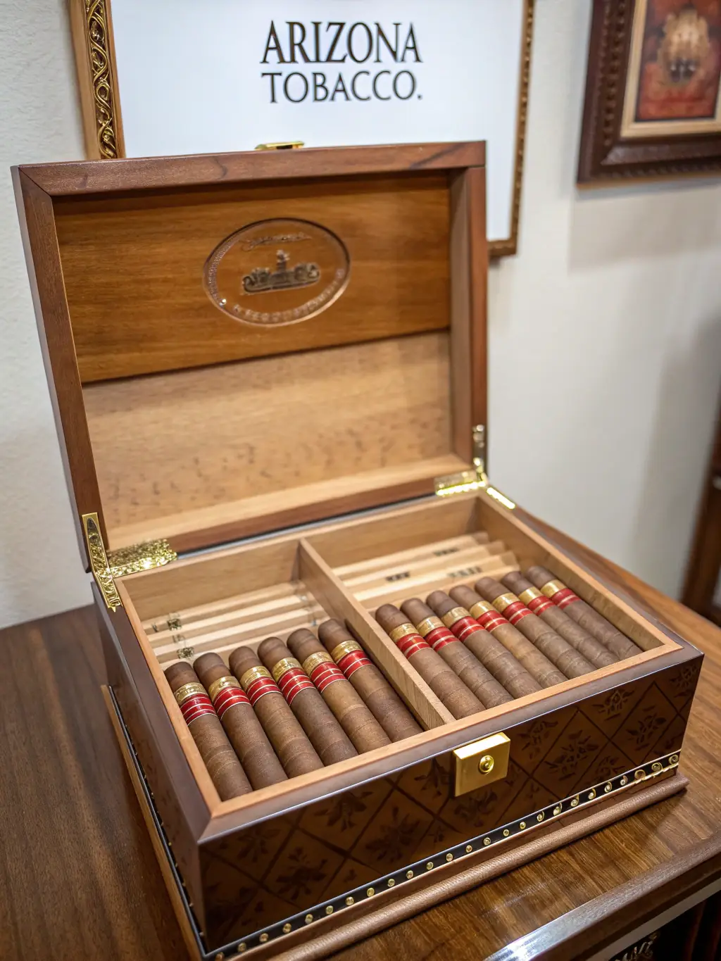 A photograph of a curated selection of premium cigars displayed in a humidor at Z Lounge, emphasizing the quality and variety available to members. The image should evoke a sense of luxury and indulgence.
